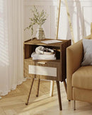 Rattan Nightstand,Modern Bedside Table with Storage Drawer and Open Wood Shelf, for Living Room, Bedroom and Small Spaces, Accent Night Stand with Solid Wood Legs, Easy Assembly,Walnut Brown by CozyNest Decor