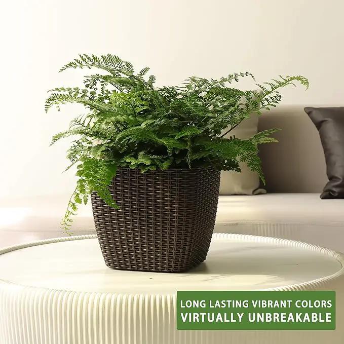 Dexceder 11x10 Self Watering Planter Indoor Outdoor, Inner Mat Design, Thickened Table Flower Plant Pot with Water Level Indicator (Brown Rattan), photo 6 of 6