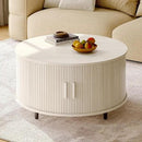 Round Coffee Table with Storage, 31.5" Modern Coffee Table with 360° Curved Sliding Door, Fluted Wood Coffee Table with Adjustable Footpads, Round Center Table for Living Room, Natural White by CozyNest Decor