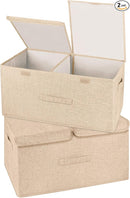 2 Pack Large Storage Boxes with Lids and Handles, Collapsible Linen Storage Bins Organizer Containers Baskets Cube with Removable Divider for Home Bedroom Closet Office (Khaki, Large) by TinyTreasures Baby Boutique