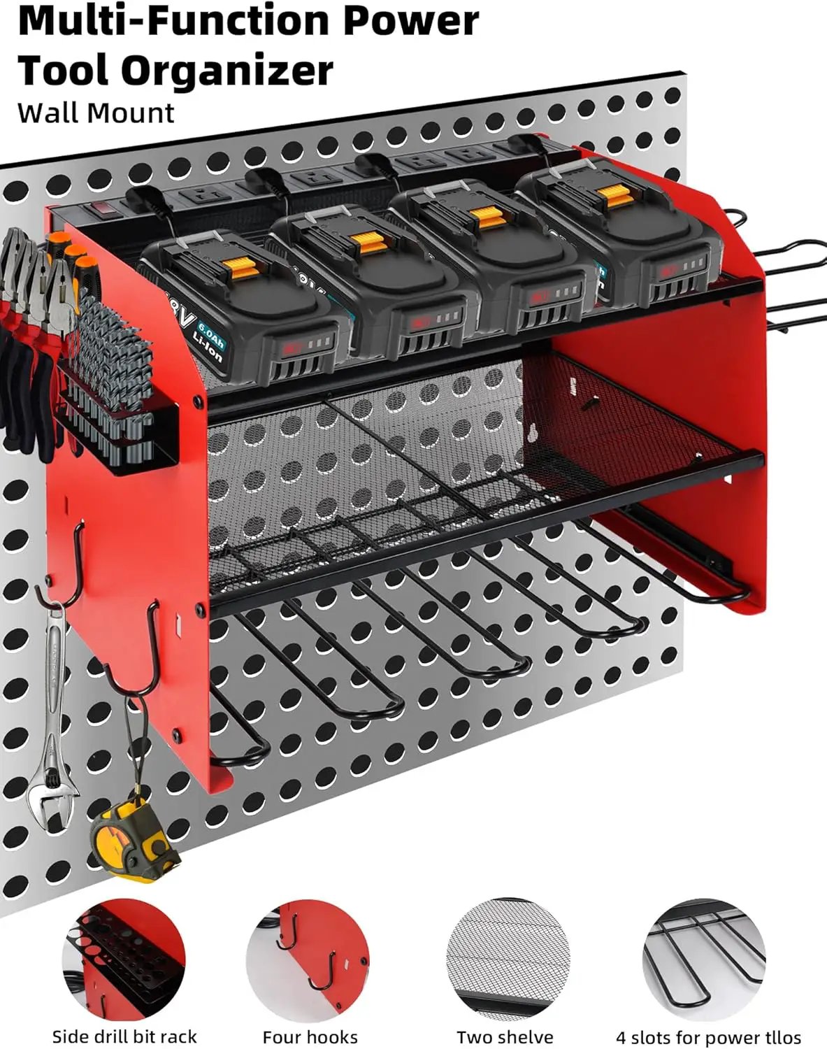 Power Tool Organizer wtih Charging Station，3 Layers Storage Rack with Screwdriver Rack 6 Drill Holders 8 Outlets Max Load 110lbs，for Workshop Garage Organizers and Storage Tool Battery Holder (red), photo 3 of 6