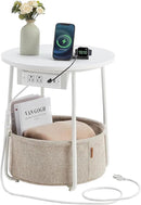 VASAGLE Side Table with Charging Station, Round End Table with Fabric Basket, Nightstand with Power Outlets, USB Ports, for Living Room, Bedroom, Modern, Matte White and Camel Brown ULET228W01 by CozyNest Decor