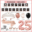 25th Birthday Decorations for Women - 56pcs Rose Gold Happy 25th Banner, Rhinestone Crown & Sash, Cake Topper, 40 Balloons, 3D Butterflies & 4 Balloon Stands (25) by TinyTreasures Baby Boutique