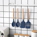 Country Kitchen Non Stick Silicone Utensil Set with Rounded Wood Handles for Cooking and Baking, 14 Piece Set, Navy by CozyNest Decor