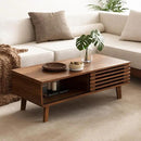 Mid Century Coffee Table with Storage & Sliding Fence Door, Modern Coffee Tables for Living Room, Walnut Finish by CozyNest Decor