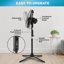 Comfort Zone Electric Oscillating Pedestal Fan, Stand Fan, 16 inch, 3 Speed, 90 Degree Oscillating Head, Adjustable Height and Tilt, Airflow 7.48 ft/sec, Ideal for Home, Bedroom & Office, CZST161BTEBK by CozyNest Decor