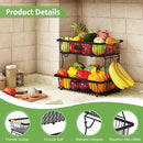 2 Tier Fruit Basket for Kitchen Counter with 2 Banana Hangers, Countertop Metal Fruit Bowl with Wooden Handle, Large Storage Stand for Vegetables, Snacks, Breads, Produce Storage – Black by CozyNest Decor