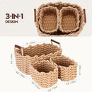 Sea Team 3-Pack Rectangle Woven Cotton Rope Storage Baskets with Handles, Shelf Basket, Closet Organizers, 3-in-1, Khaki by CozyNest Decor