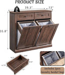 Double Tilt Out Laundry Hamper Cabinet, 20 Gallon Farmhouse Trash Can Cabinet with Drawer, Hidden Wood Garbage Can Bin Cabinet with Laundry Storage Basket for Bathroom, Kitchen, Brown by CozyNest Decor