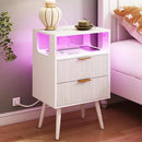 White Nightstand with Charging Station and LED Lights,Modern Bedside Table with 2 Storage Drawer and Open Wood Shelf, for Bedroom and Small Spaces,Night Stand with Solid Wood Legs,White by CozyNest Decor