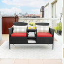 Flamaker Outdoor Furniture Patio Loveseat Wicker 2-Seat with Built-in Table and Cushions Rattan Porch Chairs Bench for Balcony, Lawn, Backyard (Red) by CozyNest Decor