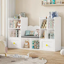 Kids Bookshelf with Reading Nook, Kids Bookcase with Soft Cushion Seat, 2 Wheels Drawers and 8 Storage Cubbies, Toy Storage Organizer for Kid's Room Playroom, Bedroom, School, White by CozyNest Decor