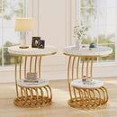 Tribesigns Gold Round End Table: 2 Tiers Side Table Set of 2 with Storage Shelf, Modern White Gold Bedside Nightstand, Metal Faux Marble Accent Table for Living Room by CozyNest Decor