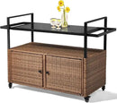 VINGLI Wicker Outdoor Bar Cart with Storage and Wheels, Outdoor Bar Table Serving Cart Rattan Bar Cart with Glass Top and Shelf for Pool, Party, Backyard, Porch (Brown) by CozyNest Decor
