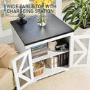 Farmhouse End Table Set of 2, 24" Large Sofa Side Table with Charging Station, Mesh Barn Door, White Nightstand with Adjustable Storage Shelf, Square Nightstand for Living Room, Bedroom by CozyNest Decor