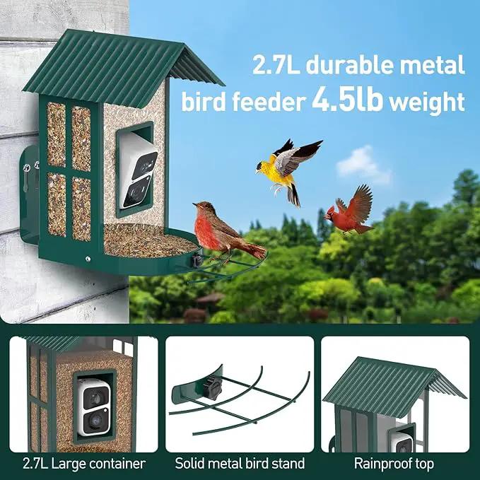 Soliom- Bird Feeder with Camera, 5W Solar Powered, AI Identify Species, Smart Wild Bird Watching, 2K Live View, Instant Arrival Alerts,Large 2.7L Seed Capacity, Metal Squirrel Chew-Proof - BF08 Green, photo 5 of 7