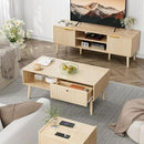 Coffee Table with Storage, Boho Dining Table with Fluted Drawer and Solid Wood Legs, Small Coffee Tables for Living Room, Oak by CozyNest Decor