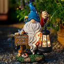 Garden Gnome Statues Figurine Lights - Solar Powered Lighting Outdoor Decorations with Lantern & Welcome Sign, Yard Art Lawn Ornaments for Porch Patio Balcony - Gnome Gifts for Women Mom by GreenHaven Gardens