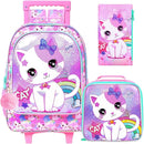 Girls Rolling Backpack, Cute Cat Roller Wheels Kids Bookbag - Wheeled Elementary School Bag - 3PCS Cat by TinyTreasures Baby Boutique