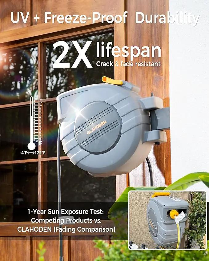 Retractable Garden Hose Reel 1/2 in x 130 ft, 2025 Upgraded Dual Ratchet Lock UV & Freeze Protection Brass Seal Slow Retraction Anti-Tangle Hose 180°Swivel Reinforced Scaffold Wall Mount, photo 2 of 9