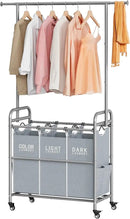 Tajsoon Laundry Sorter with Hanging Bar, 3 Section Rolling Laundry Hamper with Heavy Duty Lockable Wheels, Laundry Basket with Hanging Rack for Bedroom, 3 Gray by CozyNest Decor
