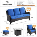 ovios 6 Pieces Patio Furniture Set with 30" Fire Pit Table, Outdoor Wicker Sofa with Ottomans, Comfy Cushions, High Back Couch Conversation Set, Brown Rattan, Navy Blue by GreenHaven Gardens