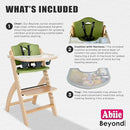 Abiie Beyond Junior Wooden High Chair with Tray - Adjustable and Convertible High Chair for Babies and Toddlers - 6 Months to 250 Lb - Water Resistant - Natural Wood/Olive Cushion by TinyTreasures Baby Boutique