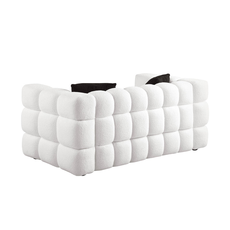 84.3/62.2 length, 35.83" deepth, human body structure for USA people, marshmallow sofa,boucle sofa, White color,3 seater. sofa and loveseater