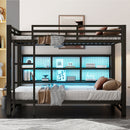 Queen Over Queen Bunk Bed With Storage Cabinets And LED Sturdy Frame, 6 Storage Units, Adjustable LED Lights - Black by HouseOfZazla