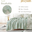 jinchan Boho 100% Cotton Muslin Queen Size 80x90 Inches Blanket Lightweight 4-Layer Quilted Soft Green and Beige Floral Throw Blanket Reversible Comfy Flower Rustic All Seasons Couch Bedroom Decor by CozyNest Decor