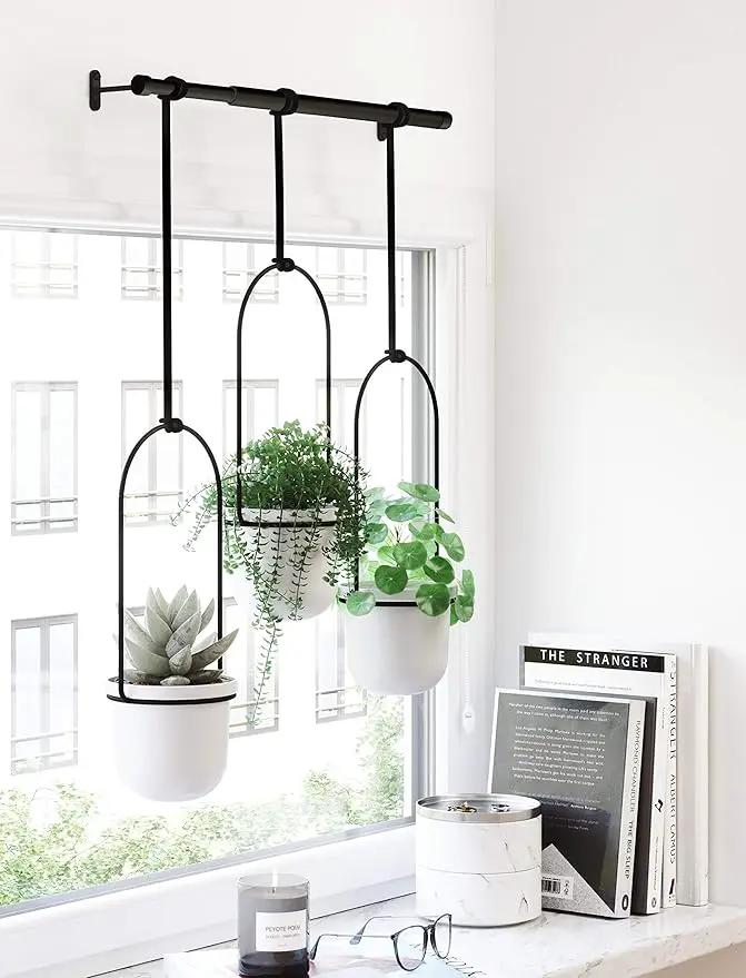 Umbra Triflora Hanging Planter for Window, Indoor Herb Garden, Set of 3, White/Black, photo 3 of 12