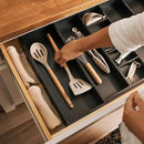 Adjustable Kitchen Drawer Organizer for Utensils and Junk, Food-Safe Contract Grade with 100% Sustainable Wood, Expandable from 16 to 28 Inches Wide - Black Bamboo by CozyNest Decor