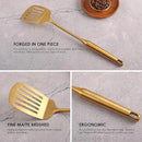 Gold Kitchen Utensils Set - 18/10 Stainless Steel Cooking Tools, 15" All Metal Serving Utensils with Fork, Solid/Slotted Spoon, Spatula, Ladle, Skimmer, Tunner, Pasta Spoon, Large Spoon, Set of 9 by CozyNest Decor