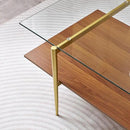 X-Large Rectangle Glass Coffee Table, Mid-Century Modern Design, for Living Room, L47 x W24 x H17 Inch, Clear Glass Top and Walnut MDF Shelf, Sleek Conical Legs with Gold Finish Frame by CozyNest Decor