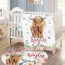 Personalized Baby Crib Bedding Set - Custom Name Highland Cattle Design 3 Pcs Set - Soft Blanket with Double Layer Dotted Backing, Fitted Sheet, Room Rug for Newborns Boys Girls Shower Gift by TinyTreasures Baby Boutique