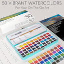 CHROMATEK Watercolor Paint Set – 50 Vivid Colors Including Transparent, Opaque & Pastel – Art Kit with Brush, Water Pen, Palette, Color Chart, Swatch Sheets, Pad & Metal Travel Case by TinyTreasures Baby Boutique