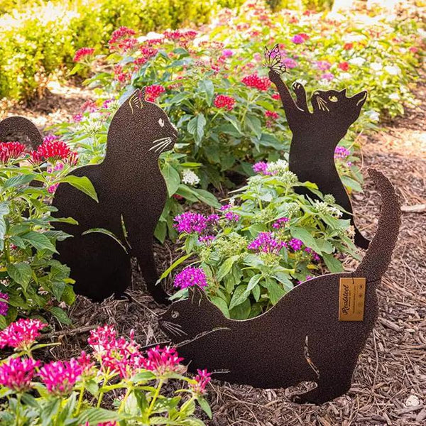 RealSteel I 3 Pack Steel Cat Garden Decor I Outdoor Yard Decorations I Gift for Cat Lovers I Lawn Ornaments and Statues I Garden Signs Decorative Outdoor - Textured Silver