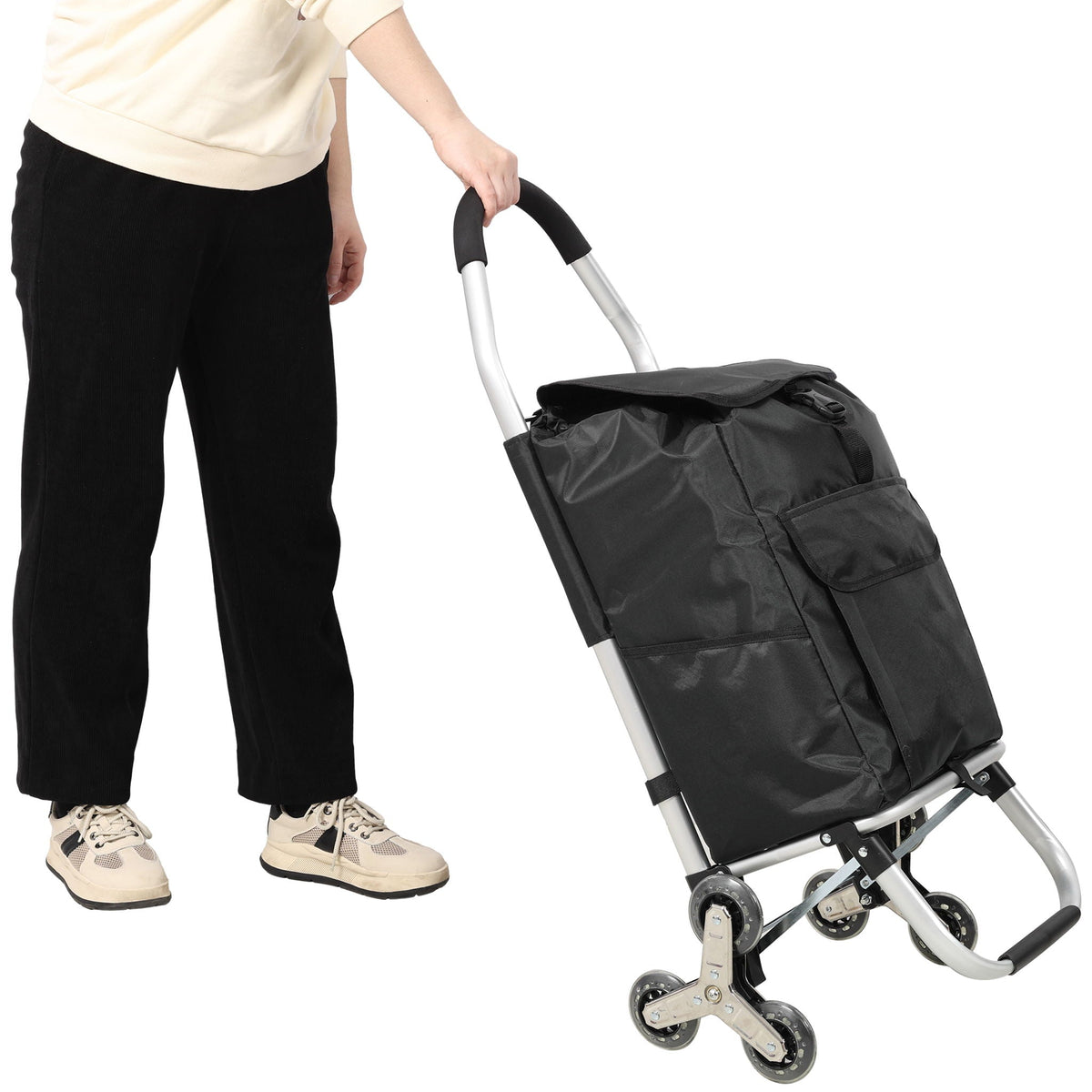 Foldable Shopping Stair Trolley With Triangular Wheels And Removable Waterproof Bag - Black, photo 12 of 19