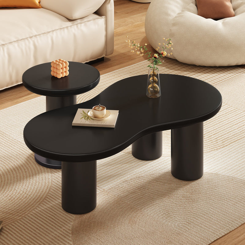 Walker Edison - Nesting Coffee Table Set of 2, Cream Style Cloud Coffee Table with Round Small Side Table,  Irregular Center Table with Thick Legs for Living Room, Black, 39.3''x 13.7'',Φ15.7''