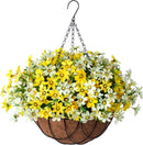 Artificial Silk Flowers Hanging Baskets Outdoors,Chrysanthemum with Eucalyptus Leaves Arrangement for Garden Yard Decor,Faux Plant in Metal Coconut Lining Flowerpot(Yellow) by GreenHaven Gardens