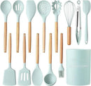 Country Kitchen Non Stick Silicone Utensil Set with Rounded Wood Handles for Cooking and Baking, 14 Piece Set, Mint by CozyNest Decor