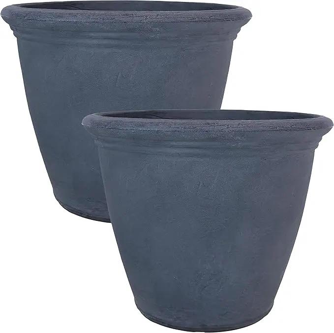 Sunnydaze 20-Inch Anjelica Large Plastic Pot for Plants - Outdoor Polyresin Round Planter with Drillable Drainage Holes - Slate - 2pk, photo 7 of 8