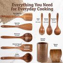 PriorityChef Premium Wooden Spoons for Cooking - 8pc with Utensil Holder, Spoon Rest and Hanging Hooks, Smooth Finish Teak Wooden Utensil Set, Heat-Resistant & Nonstick Safe, Ideal for Gifting by CozyNest Decor