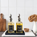 Olive Oil Dispenser Set With Silicone Tray & 40 Labels - 2 Black Bottles (500ml / 17oz) for Kitchen, Soy Sauce, Coffee Syrup by CozyNest Decor
