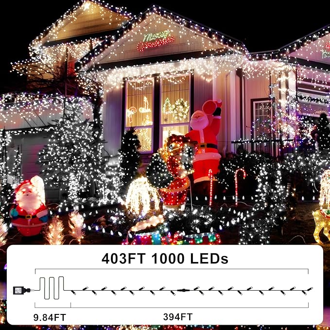 KNONEW 403FT 1000 LED Christmas Lights Outdoor String Light 8 Modes & Timer Fairy Lighting Plug in Waterproof for Xmas Yard Tree Wedding Party Holiday Decorations (Cool White), photo 8 of 9