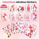 DC-BEAUTIFUL 107 PCS Valentines Window Clings, 9 Sheets Double-Sided Pink Love Heart Gnome Valentine Decoration Window Stickers, Reusable Static Holiday Window Decals for Home Wedding Party Decors