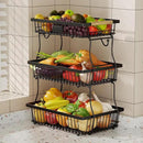 3 Tier Fruit Basket for Kitchen Counter with 2 Banana Hangers, Countertop Metal Fruit Bowl with Wooden Handle, Large Storage Stand for Vegetables, Snacks, Breads, Produce Storage – Black by CozyNest Decor