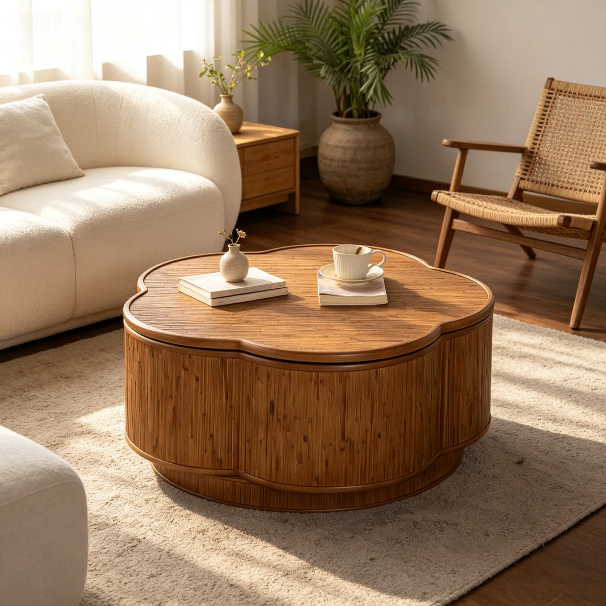 Flower-Shaped Rattan Coffee Table with Storage