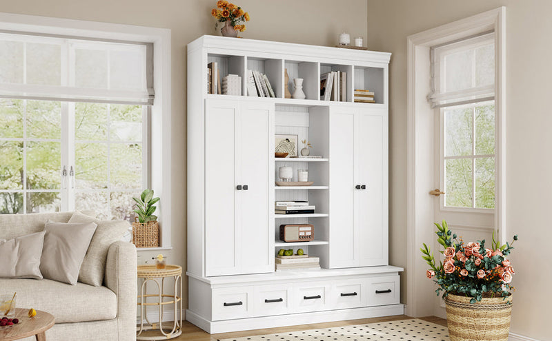 U-Can 78.7''H Hall Tree with Bench and 5 Storage Cubbies, Modern Entryway Storage Organizer Cabinet with 4 Doors, 5 Drawers and Adjustable Shelves for Hallway, Entryway, Living Room