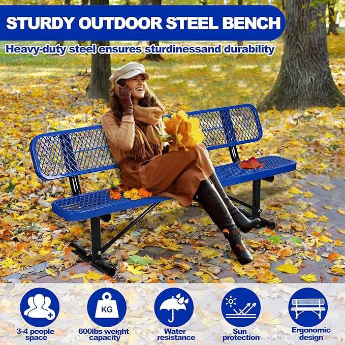 Heavy Duty Park Bench with Back Portable Frame, Outdoor Metal Park Bench with Backrest, Steel Mesh Outdoor Bench for Garden, Lawn, Patio, Porch, Park, Yard (Blue, 72.4" L x 23.2" W x 32.5" H), photo 6 of 7